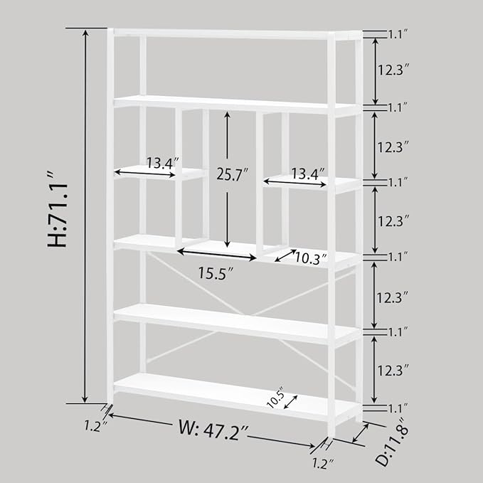 LVB 6 Tier Tall White Bookshelf, Big Metal Wooden Book Shelves Storage, Modern Large Bookcases and Bookshelves 6 Shelf, Farmhouse Open Vertical Display Book Shelf for Bedroom Living Room Office, White - LeafyLoom