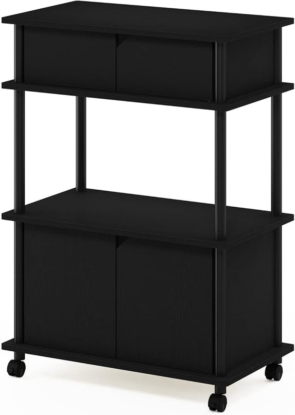 Furinno Turn-N-Tube Kitchen Storage Cart with Cabinet with Lockable Wheels, Americano/Black - LeafyLoom