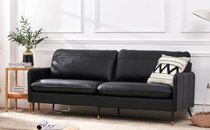 79" Top-Grain Leather Sofa, 3 Seater Leather Couch, Mid-Century Modern Couch for Living Room Bedroom Apartment Office, Black - LeafyLoom