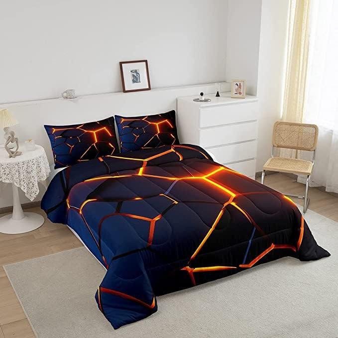 Honeycomb Print Bedding Set Red Black Fire Hexagonal Pattern Comforter Set for Kids Boys Girls Teens Beehive Geometrical Comforter Breathable Simplistic Duvet Set Room Decor Quilt Set King Size - LeafyLoom