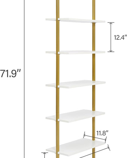 SUPERJARE Modern Ladder Shelf, 5-Tier Open Wall-Mounted Bookshelf with Stable Metal Frame, 72 Inches Storage Rack Shelves, Stand Bookcase for Home Office - White/Gold - LeafyLoom