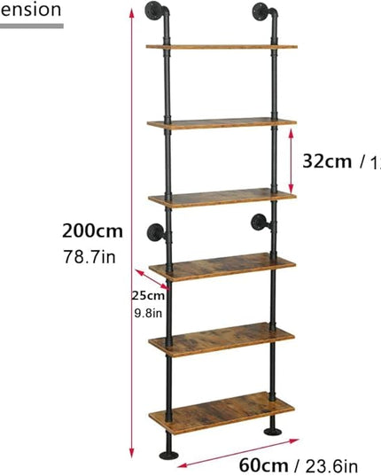 Industrial Pipe Shelving, 6-Tier Pipe Shelves Ladder Shelf, Modern Bookcase Wall Mount Bookshelf with Metal Frame, Book Shelves Wall Decor Wood Shelves for Home, Living Room, Office(23.6x9.8x78.8) - LeafyLoom