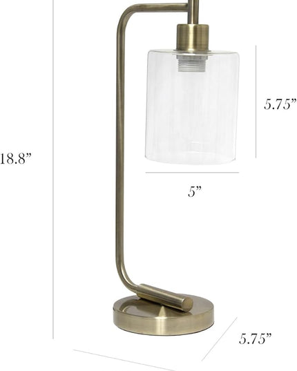 Simple Designs LD1036-ABS 18.8" Industrial Vintage Bronson Antique Style Industrial Iron Lantern Desk Table Lamp with Glass Cylinder Shade for Home Décor, Office, Living Room, Bedroom, Antique Brass - LeafyLoom