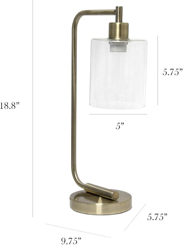 Simple Designs LD1036-ABS 18.8" Industrial Vintage Bronson Antique Style Industrial Iron Lantern Desk Table Lamp with Glass Cylinder Shade for Home Décor, Office, Living Room, Bedroom, Antique Brass - LeafyLoom