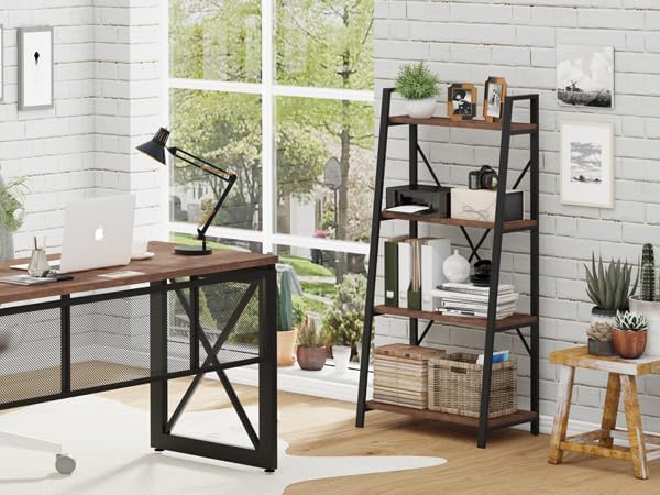 BON AUGURE Industrial Ladder Shelf Bookcase, 4 Tier Rustic Ladder Bookshelf, Standing Leaning Book Shelves for Living Room (Rustic Oak) - LeafyLoom