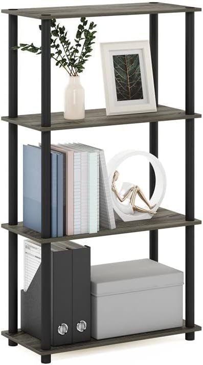 Furinno (99557GYW/BK) Turn-N-Tube 4-Tier Multipurpose Shelf Display Rack - French Oak Grey/Black - LeafyLoom