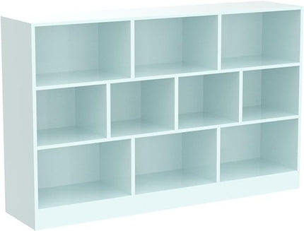 IOTXY Open Shelf Low Bookcase - Wooden 3-Tier Floor Standing Display Cabinet Organizer with Base, 10 Cubes Short Horizontal Bookshelf in Tiffany-Green - LeafyLoom