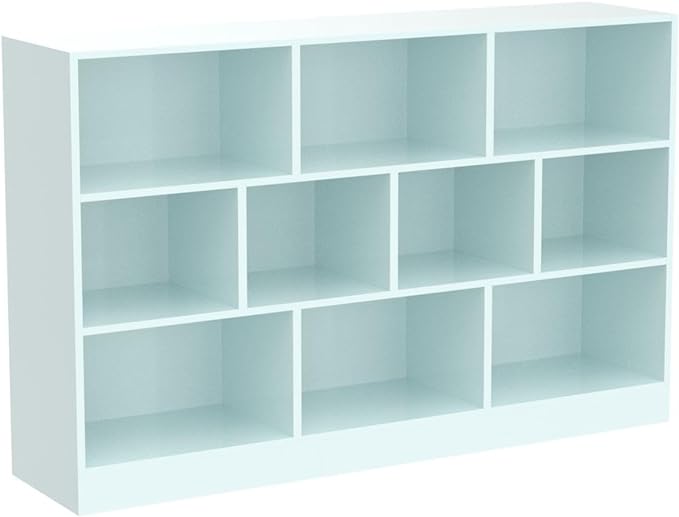IOTXY Open Shelf Low Bookcase - Wooden 3-Tier Floor Standing Display Cabinet Organizer with Base, 10 Cubes Short Horizontal Bookshelf in Tiffany-Green - LeafyLoom