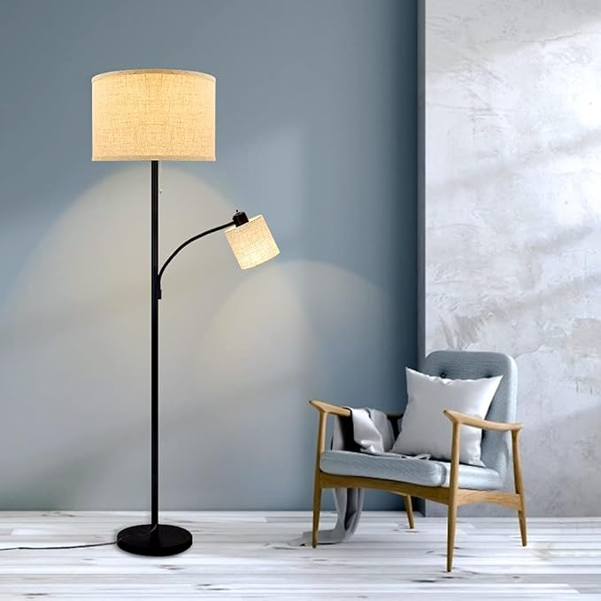 DLLT Living Room Standing Floor Lamps for Reading, Modern Tall Pole Lamp for Contemporary Home with Adjustable Side Light, Mid-Century Industrial Lighting with Drum Shade for Bedroom, Office, Metal - LeafyLoom