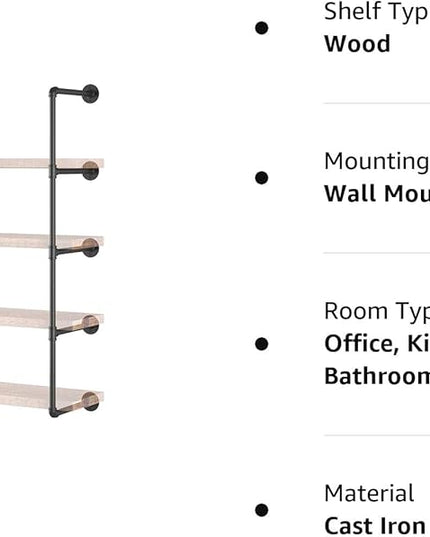 Yuanshikj 2Pc (56" Tall 12" deep,3/4") Industrial Wall Mount Iron Pipe Shelf Shelves Shelving Bracket Vintage Retro Black DIY Bookshelf Storage Office Room Kitchen (5Tier Hardware Only) - LeafyLoom