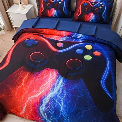 Meeting Story Gamer Gaming Bedding Sets Red Blue Lightnings Gamepad Comforter Set for Boys Games Console Action Buttons Novelty Colorful Modern Room Decor Home Quilt Set (Red-Blue, Queen 5Pcs) - LeafyLoom