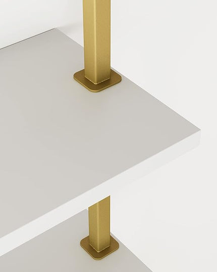 Nathan James Theo 3-Shelf Small Bookcase, Floating Wall Mount Bookshelf with Wood and Industrial Pipe/Metal Frame, White/Brass Gold - LeafyLoom