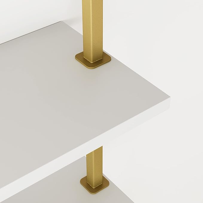 Nathan James Theo 3-Shelf Small Bookcase, Floating Wall Mount Bookshelf with Wood and Industrial Pipe/Metal Frame, White/Brass Gold - LeafyLoom