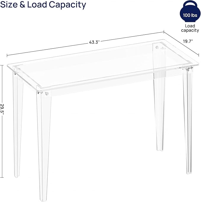 HMYHUM Acrylic Computer Desk, 43.3 Inch, Clear Study Desk for Home Office, Writing, Vanity, Modern, Easy Assembly, 19.7" W x 29.5" H, Right-Angle Legs Design - LeafyLoom