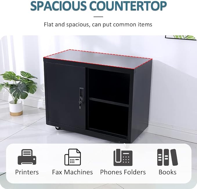 Metal Mobile Lateral File Cabinet, Storage Locker,Printer Stand with Open Storage Shelves for Office,School,Home,Living Room. (Black) - LeafyLoom