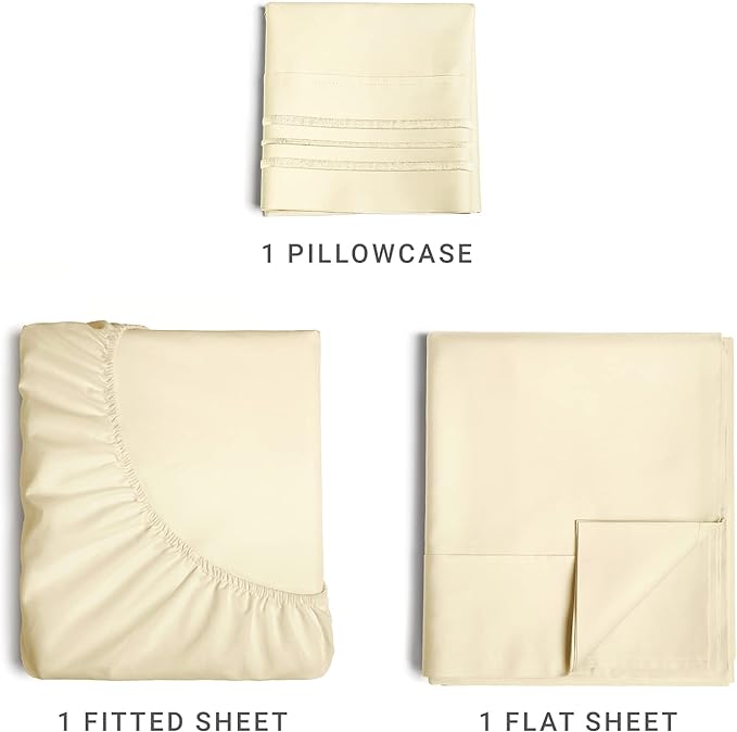 Twin Size 3 Piece Sheet Set - Comfy Breathable & Cooling Sheets - Hotel Luxury Bed Sheets for Women & Men - Deep Pockets, Easy-Fit, Extra Soft & Wrinkle Free Sheets - Off White Oeko-Tex Bed Sheet Set - LeafyLoom