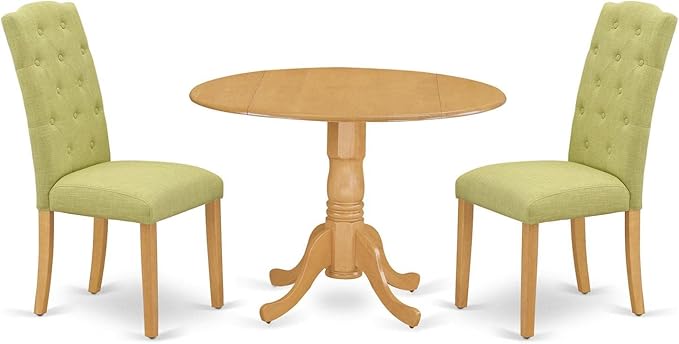 East West Furniture DLCE3-OAK-07 Dublin 3 Piece Set Contains a Round Dining Room Table with Dropleaf and 2 Limelight Linen Fabric Upholstered Parson Chairs, 42x42 Inch, Oak - LeafyLoom