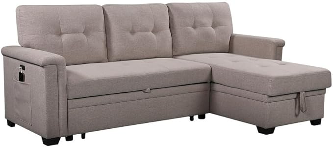 84Inch Sofa with USB Charging Ports and Pocket,Solid Wood Frame Dsign, Linen Reversible w/Storage Chaise and Pull-Out Sleeper for Home, Small Space Apartment, 84 Inch, Light Gray - LeafyLoom