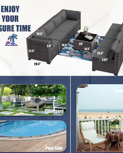 Patio Furniture Set 9-Piece Outdoor Furniture for Backyard Wicker Sectional Sofa Set, Rattan Patio Conversation Set with Thickened Cushions and Glass Coffee Table, Grey - LeafyLoom