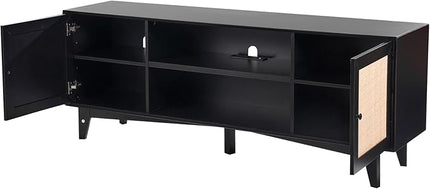 VEVOR Rattan TV Stand for 75in TV, Boho TV Stand with Rattan Door, Entertainment Center with Build-in Socket, Storage Cabinet with 2 Shelves, Modern TV Console for Living Room, Media Room, Black - LeafyLoom