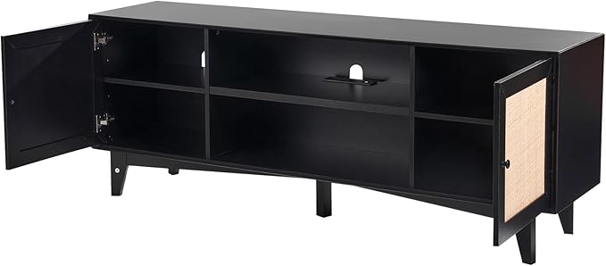 VEVOR Rattan TV Stand for 75in TV, Boho TV Stand with Rattan Door, Entertainment Center with Build-in Socket, Storage Cabinet with 2 Shelves, Modern TV Console for Living Room, Media Room, Black - LeafyLoom