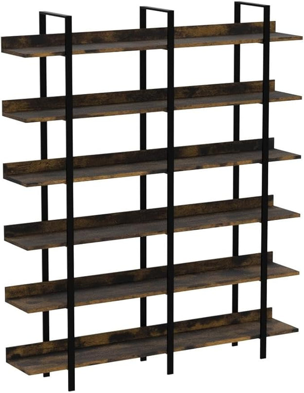 Bookshelf, 82.7" Double Wide 6 Tier Industrial Wooden Bookcase Large Wall Etagere Rustic Vintage Tall Book Shelf with Metal Frame Open Storage Rack for Living Room Home Office - LeafyLoom