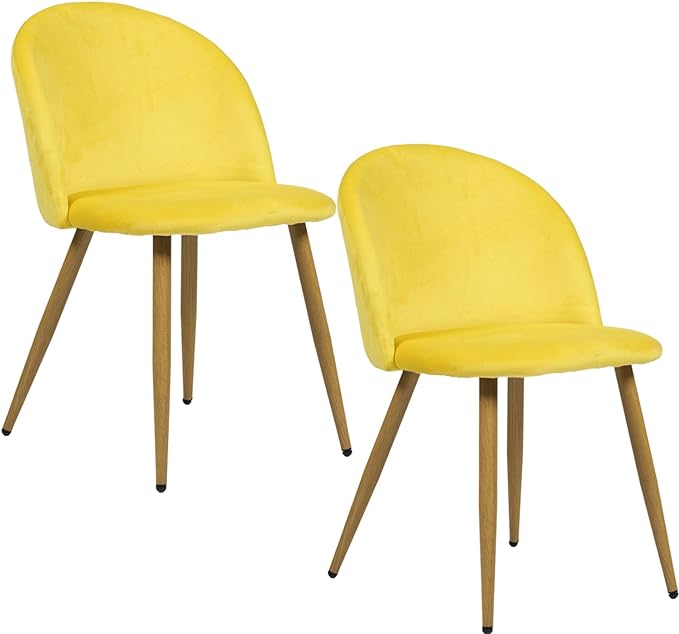 FurnitureR Upholstered Velvet Dining Chair Mid Back Armless with Wood Legs for Home Kitchen Bedroom Living Room, Set of 2, Yellow - LeafyLoom