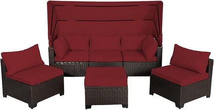 6 PCS Outdoor Patio Furniture Set,Sectional Sofa Set,Rattan Daybed with Retractable Canopy,Adjustable Backrest,Storage Coffee Table,Chaise Chair Sunbed for Porch Garden Poolside Backyard(Red) - LeafyLoom