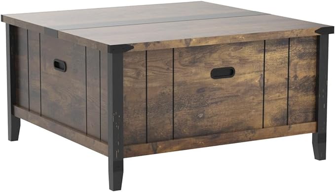 Bestier Farmhouse Coffee Table, Square Wood Center Table with Large Hidden Storage Compartment for Living Room, Rustic Cocktail Table with Hinged Lift Top for Home,Rustic Brown - LeafyLoom