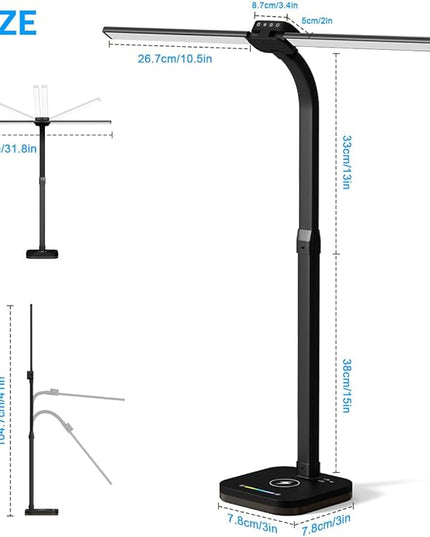 Black Desk Lamp for Office Gaming,Double Head Light for Home＆Office，Adjustable Light Mode and Brightness，Adjustable Height＆Angle in Metal Polwith Wireless Charger＆2 USB and 1 Type-c Ports - LeafyLoom