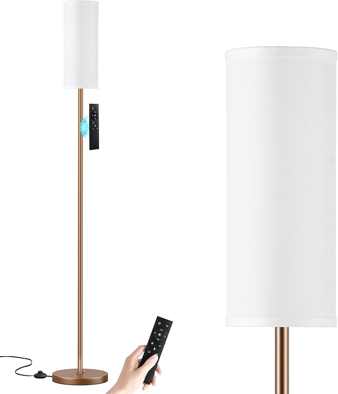 Ambimall 64'' Floor Lamps for Living Room with Remote Control and Stepless Dimmable Colors Temperature & Brightness, 9W Bulb Included(White Lampshade & Brown Pole) - LeafyLoom