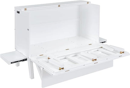 Murphy Bed Full Size with USB Port and Removable Shelves on Each Side, Wooden Platform Bedframe Foldable into Wall Cabinet, Space Saving, for Bedroom Guest Room Office, White - LeafyLoom