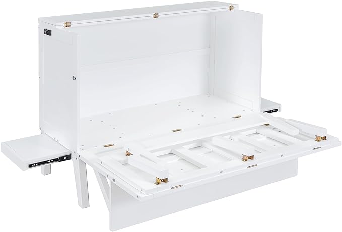 Murphy Bed Full Size with USB Port and Removable Shelves on Each Side, Wooden Platform Bedframe Foldable into Wall Cabinet, Space Saving, for Bedroom Guest Room Office, White - LeafyLoom