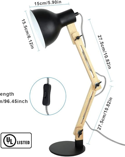 DLLT Swing Arm Desk Lamp, Wood Adjustable Gooseneck Table Lamp, Modern Architect Desk Light, Reading Light for Work, Study, Bedroom, Home Office, College Dorm, Black Metal Shade, E26 Bulb Included - LeafyLoom