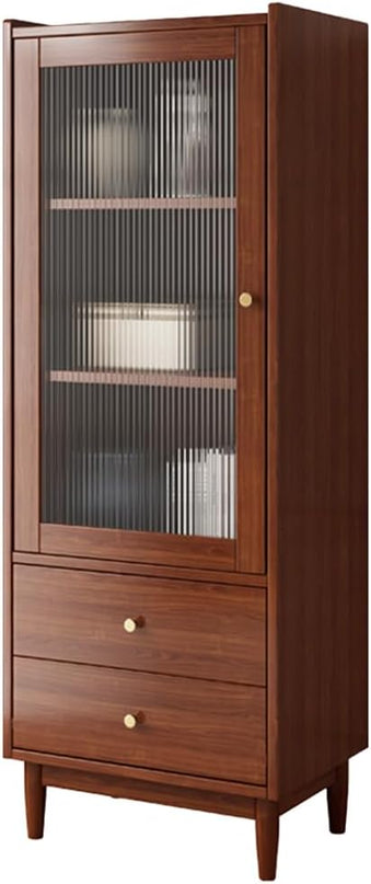 Wooden Glass Door Bookcase - 3-Tier Cube Bookshelf Storage Cabinet with Double Drawer and Adjustable Shelf, Solid Wood Legs Cupboard in Dark Walnut - LeafyLoom