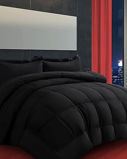 AMGUI Queen Comforter Set 3 Pieces - Goose Down Alternative with 2 Pillow Shams - Extra Thick - Soft and Comfortable - Machine Washable (Queen,Black) - LeafyLoom