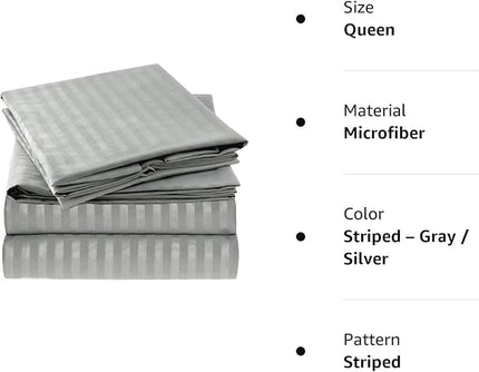 Mellanni Queen Sheets Set - 4 PC Iconic Collection Bedding Sheets & Pillowcases - Hotel Luxury, Extra Soft, Cooling Bed Sheets - Deep Pocket up to 16 inch (Queen, Striped Gray/Silver) - LeafyLoom