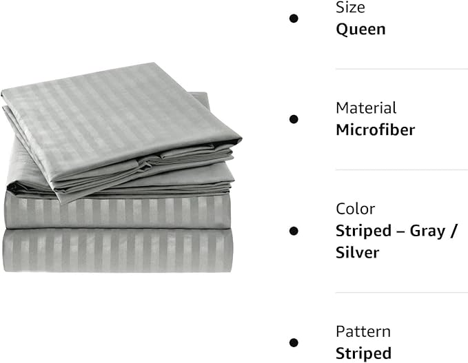 Mellanni Queen Sheets Set - 4 PC Iconic Collection Bedding Sheets & Pillowcases - Hotel Luxury, Extra Soft, Cooling Bed Sheets - Deep Pocket up to 16 inch (Queen, Striped Gray/Silver) - LeafyLoom