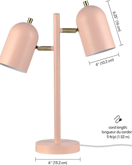Globe Electric 30290 Carter 18" 2-Light Desk Lamp, Matte Pink, Matte Brass Accents, 2.1A USB Port, On/Off Rotary Switch on Each Shade - LeafyLoom