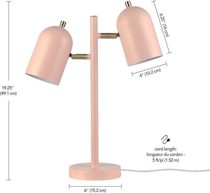 Globe Electric 30290 Carter 18" 2-Light Desk Lamp, Matte Pink, Matte Brass Accents, 2.1A USB Port, On/Off Rotary Switch on Each Shade - LeafyLoom