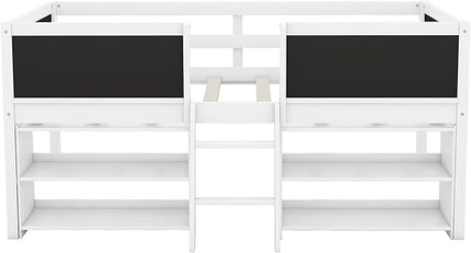 Twin Size Low loft Bed with Movable Shelves for Kids,Kids Low Loft Bed Frame with Guardrail Chalkboard and Storage,Solid Wood Loft Bed Twin for Boys,Girls (White) - LeafyLoom