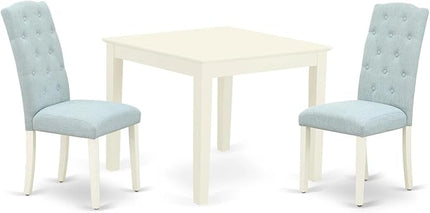 East West Furniture Oxford 3 Piece Set for Small Spaces Contains a Square Dining Room Table and 2 Baby Blue Fabric Upholstered Chairs, 36x36 Inch, Linen White - LeafyLoom