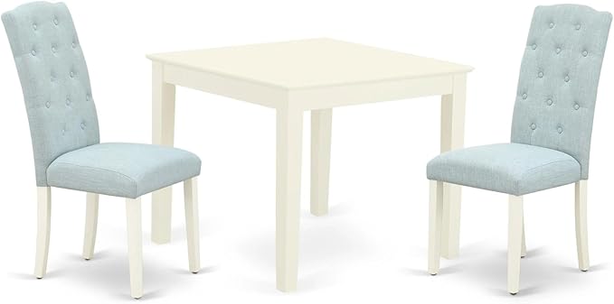 East West Furniture Oxford 3 Piece Set for Small Spaces Contains a Square Dining Room Table and 2 Baby Blue Fabric Upholstered Chairs, 36x36 Inch, Linen White - LeafyLoom