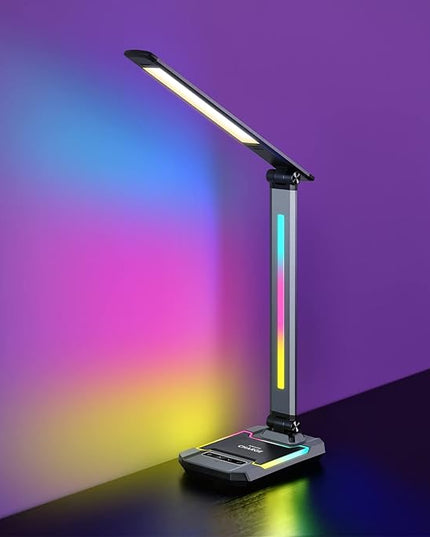 WILIT LED RGB Gaming Desk Lamp, Voice Activated Changing Colors Rhythm Light with Wireless Charger and USB Charging Port, Colorful Ambient Light Touch Table Lamp for Gaming, PC, Room Decoration - LeafyLoom