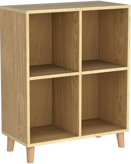 IOTXY Freestanding Open Cubes Bookcase - 2-Tier Floor Standing Wooden Storage Display Cabinet Organizer with Legs for Home Office, 4-Cubes Open Shelf Low Short Bookshelf, Oak - LeafyLoom