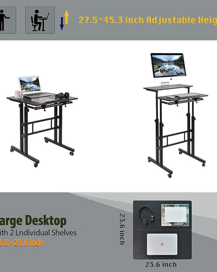 AIZ Adjustable Desk with Rolling Wheels, Portable Laptop Table for Standing or Sitting, Home Office Computer Workstation for Adults or Children,Black - LeafyLoom