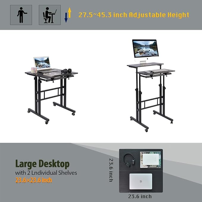 AIZ Adjustable Desk with Rolling Wheels, Portable Laptop Table for Standing or Sitting, Home Office Computer Workstation for Adults or Children,Black - LeafyLoom