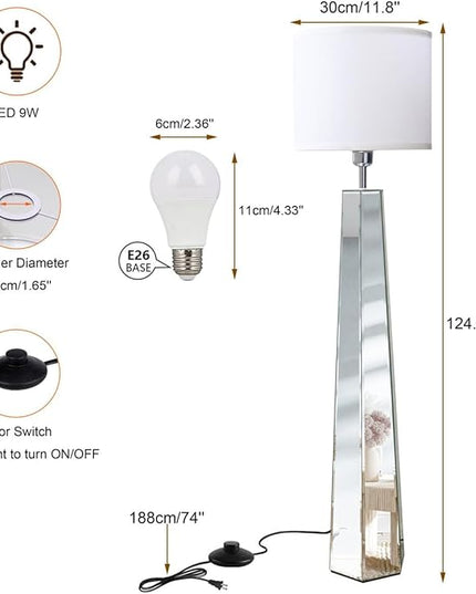 Silver Mirror Floor Lamp, Standing Decorative Lamp with Hexagon Shaped Glass Base, White Round Linen Shade, 49" Height for Living Room Bedroom, Modern Art Decor (9W LED Bulb Included) - LeafyLoom