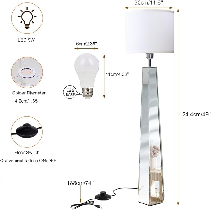 Silver Mirror Floor Lamp, Standing Decorative Lamp with Hexagon Shaped Glass Base, White Round Linen Shade, 49" Height for Living Room Bedroom, Modern Art Decor (9W LED Bulb Included) - LeafyLoom