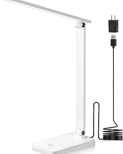 LED Desk Lamp for Home Office, 3 Levels Dimmable Desk Light with USB Charging Port, Small Study Lamp, Reading Light for Table, White, 5000K - LeafyLoom